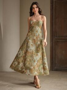 Anewsta Women's A-Line Painting Style Spaghetti Strap Party Dress, New Arrival - Coffee - View 5