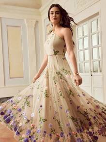 ZEYLAH Women's Asymmetric Collar Embroidered Mesh Dress,Dresses For Women Summer - Purple - View 4