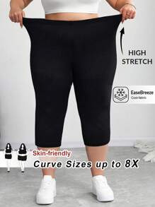 SHEIN CURVE+ 大码女士黑色运动套装，紧身高弹七分裤，夏季/乡村/海滩度假装/沙滩装/沙滩服饰 - 黑色 - 查看 10
