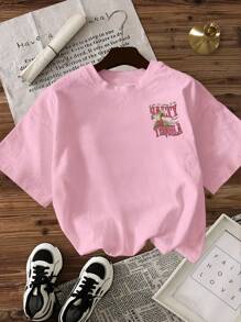 Glissea Summer Casual Slogan Print Round Neck Short Sleeve T-Shirt - Baby Pink - View 2