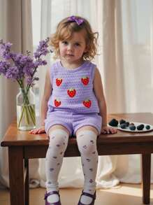 SHEIN Babygirlsu Summer Red Strawberry Print Set, Includes Sleeveless Round Neck Top And Matching Shorts, Sweet Style, Lightweight, Suitable For Outdoor Play, Home Comfort, And Friendly Gathering - Purple - View 7