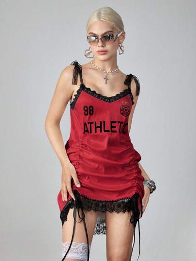 ROMWE Avant Y2K Lace Trim Drawstring Ruched Skater Dress For Women