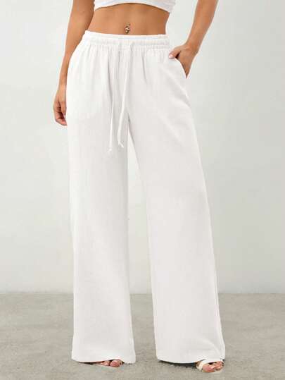 SHEIN PETITE Women's Tie-Front Trousers With Pockets,Cargo White Pants