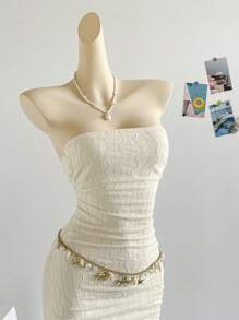 Soleia 女士浪漫假日褶皱面料荷叶边连衣裙，适合约会、下午茶、海滩、游轮、城市度假、所有季节、婚礼、音乐节、波西米亚风度假 - 米色 - 查看 5