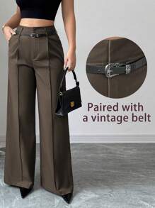 SHEIN PETITE Early Spring New Arrival High Waist Solid Wide Leg Pants With Matching Vintage Belt, Elegant Design Suitable For Daily And Work Wear Tea Party Fall Cloth For Women