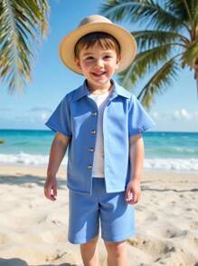 SHEIN 2 pezzi/set Camicia a maniche corte con bottoni davanti e pantaloncini corti per ragazzi giovani