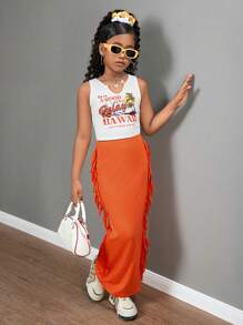 Áo thun nữ mùa hè giải trí kỳ nghỉ cổ khoét hình cây dừa in khẩu hiệu tiếng Anh ở phía trước áo trắng ngắn và chân váy tua rua - trái cam - Xem 6