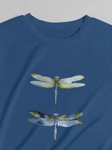 彩色蜻蜓动物印花休闲圆领短袖女式T恤 - 藍色 - 查看 4