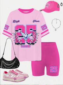 SHEIN Leap Crew 2 件套青少年女孩休闲简约图案 25 图案短袖 T 恤和短裤，夏季运动风格 - 彩色 - 查看 3