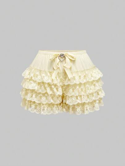 Kawaii Pantaloncini harem con balze, orlo in pizzo e pendente a farfalla con diamanti 3D, taglia comoda, stile romantico