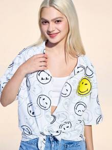 SmileyWorld® | SHEIN Women's Summer Y2K Cute Street White Smiling Face Pattern Front Button Short Sleeve Shirt, Summer