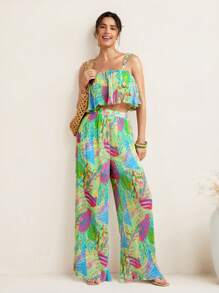Sire Leo Lamar Chiffon Pastel Doodle Print Micro-Pleated Cami With Wide Straps Crop Top