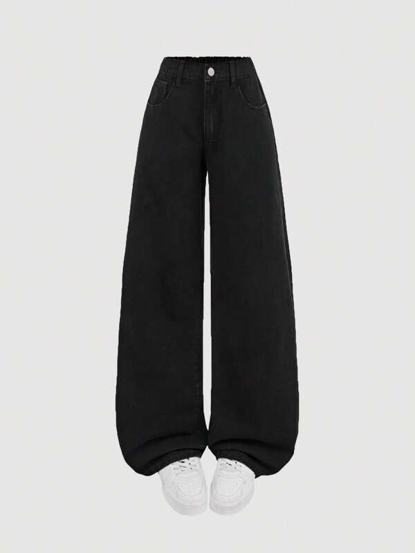 SHEIN Girlism Teen Girls' Casual Versatile Solid Color Wide Leg Jeans