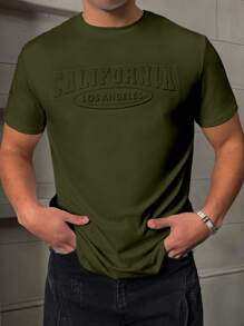 Manfinity Homme 男士夏季字母压花圆领休闲宽松短袖T恤 - 軍綠色 - 查看 3