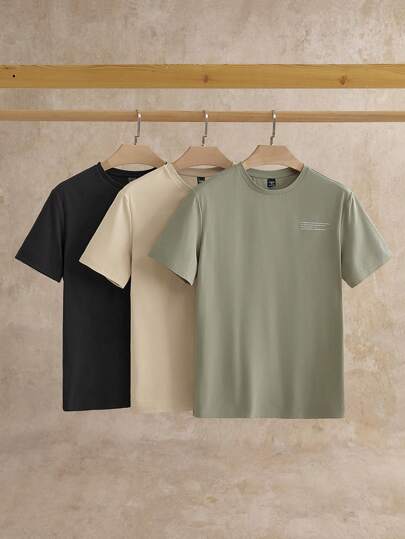 Manfinity NXTstreet Set de 3 camisetas de manga corta de cuello redondo con estampado de texto frontal, casuales para el verano