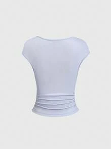 Sweetra 女士新款纯色法式荷叶边领蝴蝶结短袖T恤，夏季不规则紫蓝色不对称性感上衣 - 紫色 - 查看 2