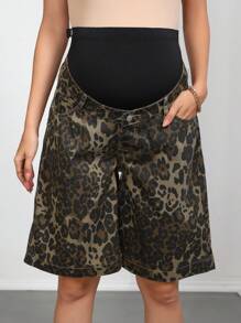 SHEIN Pantalones capri casuales de maternidad de ajuste holgado y estampado de leopardo con cintura ajustable