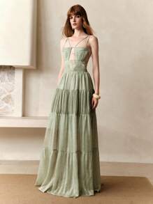 Arave 编织条纹印花细肩带露背褶皱复古优雅女式连衣裙，夏季 - 綠色 - 查看 4