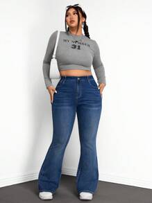 SHEIN ICON Plus Size Women Casual Flare Jeans With Pockets, Versatile,Fall Clothes For Women