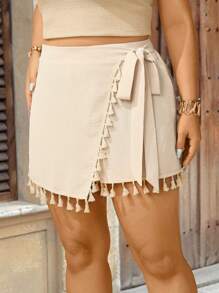 Breezaya Pure Plus Size Women Tassel Tie Elastic Waist Shorts, Bow Decor, For Western Vacation, Beach, Summer, Boho Skort, Western Wear - Apricot - View 1
