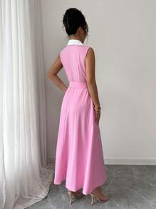 Chiquease 优雅简约腰带交叉领无袖前扣年轻女士粉色休闲连衣裙 - 粉色 - 查看 2