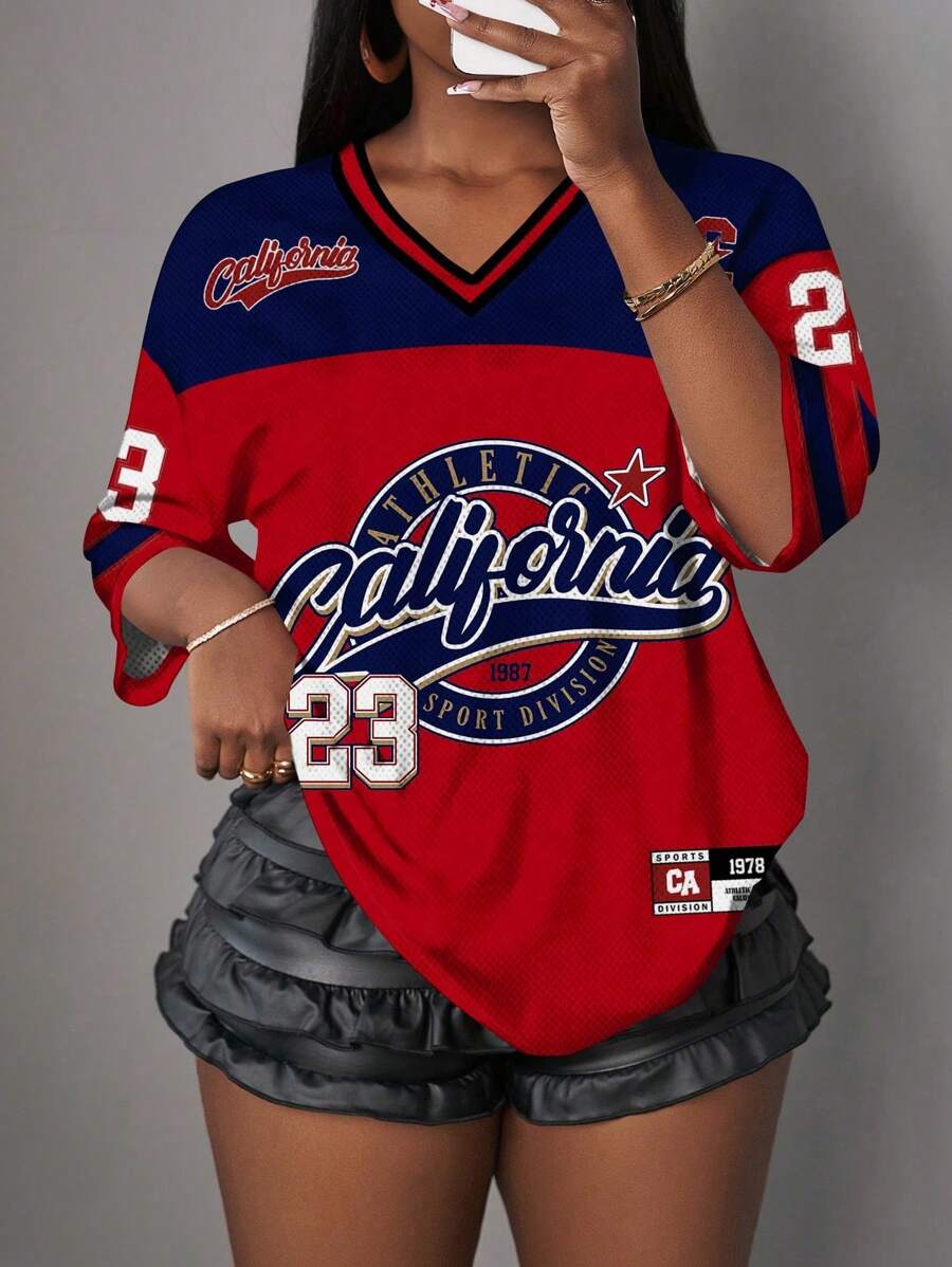 Slaydiva Casual Simple Letter & Number Graphic T-Shirt For Women, Suitable For Summer - Multicolor - View 1