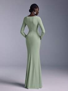 Elitara Elegant Boat Neck Off Shoulder Long Sleeve Bridesmaids Dress With Waist Twist, Sequin& Metal Shell Button Decor, Fishtail Design - Mint Green - View 2