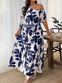 Weeklong Plus Size Summer Elegant Floral Print Asymmetric Shoulder Dress, Asymmetrical Floral Cutout - Multicolor - View 4