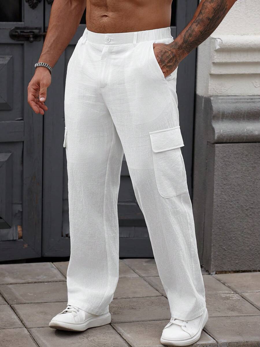 Manfinity Homme Men's Solid Color Cargo Style Casual Large Pocket Summer Pants, Fall - White - View 1