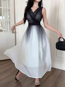 DAZY Elegancka damska sukienka bez rękawów z dekoltem w serek i kopertowym dekoltem do połowy łydki w kontrastowym kolorze - Wielokolorowe - Zobacz 5