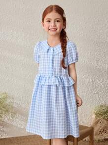 SHEIN 年轻女孩乡村度假蓝色格子领泡泡袖连衣裙 - 藍白色 - 查看 6