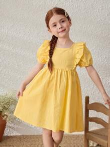 Blossori Young Girls' Rustic Vacation Ruffle Trim Puff Sleeve Dress - Yellow - View 2