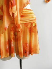 Soleia 女士夏季度假装 - 露背扎染花卉印花上衣，荷叶边下摆和腰带，搭配迷你裙，适合派对、约会、下午茶、海滩、波西米亚风度假 - 彩色 - 查看 3