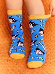 Astro Boy X SHEIN 3 Paar Baumwoll Kinder Socken mit süßen Cartoon Motiven, feuchtigkeitsableitend, atmungsaktiv und weich, Mittelhöhe, verstärkte Zehen und Fersen für Haltbarkeit, geeignet für alle Jahreszeiten, Schule und Alltag, blau
