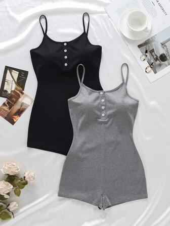 2件套女士罗纹吊带连体睡衣