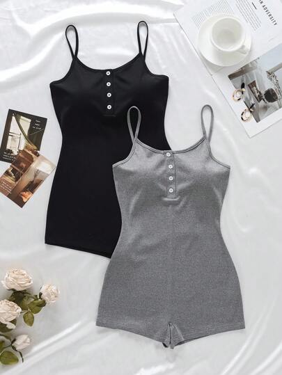 2 Stücke/Set Damen Ripp-Träger Jumpsuit Pyjama