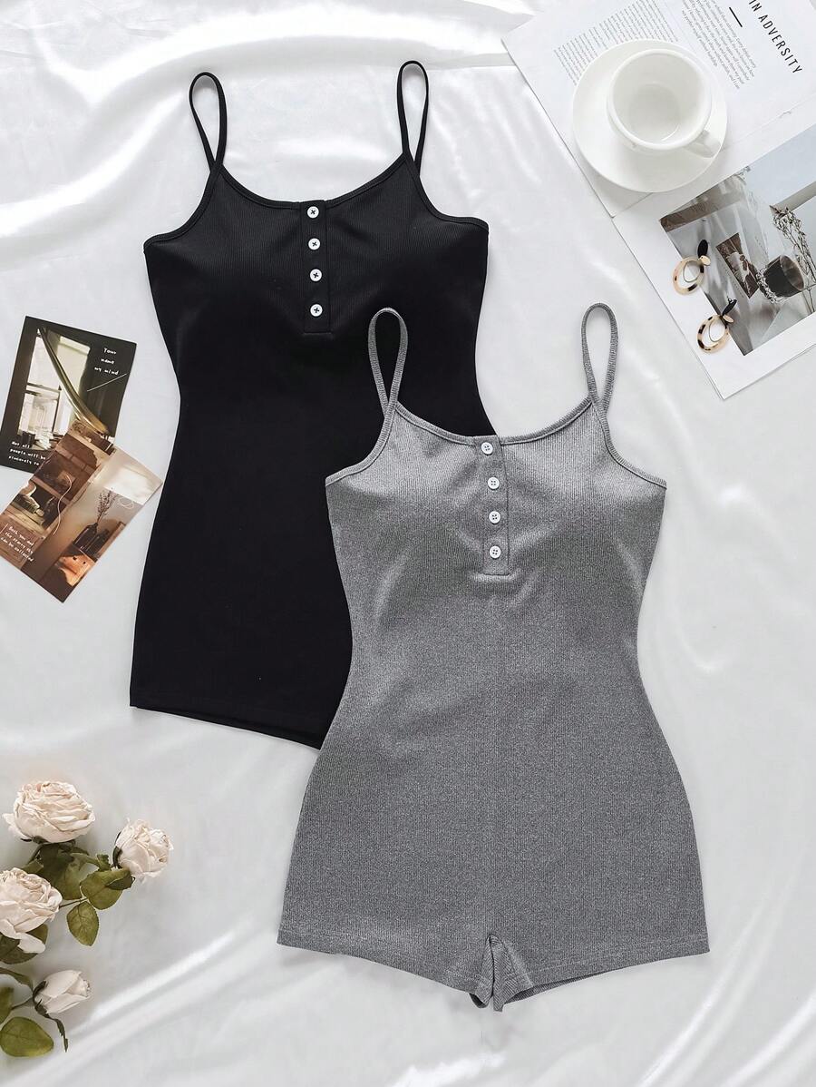 2pcs/Set Women Ribbed Strap Jumpsuit Pajamas