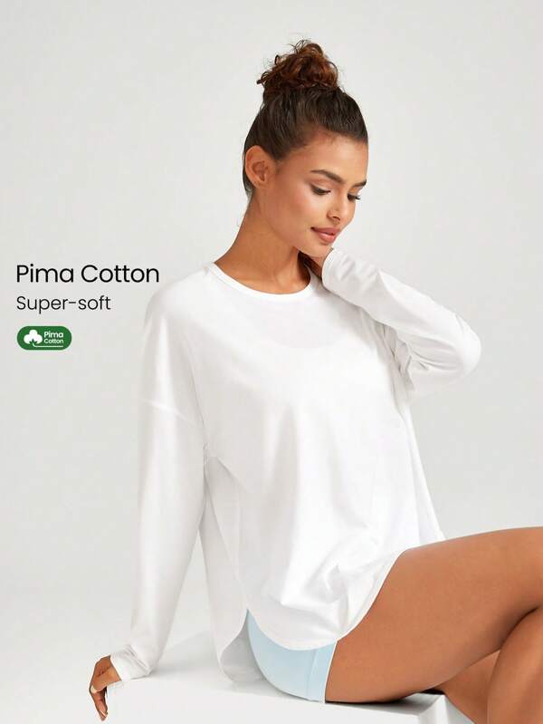 GLOWMODE Pima Cotton Oversized Long Sleeve Curved Slit Hem Round Neck Tee Daily Casual