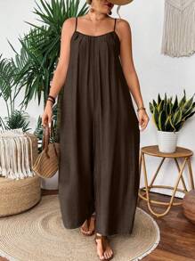 SHEIN Clasi 大码女式纯色口袋吊带褶胸宽松连体裤 女式夏季服装 连体裤 女式夏季连体裤 女士夏季服装 女装 女式加大码服装 正装 - 咖啡棕 - 查看 4