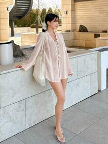 DAZY Women's Solid Color Lace Trim Tied Cuff Long Sleeve Textured Sheer Cover Up, Summer Vacation - Khaki - View 4