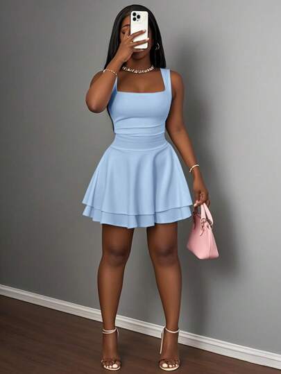 Slaydiva Women's Summer Casual Basic Sports Sweet Square Neck Ruched Double Layer Flared Short Dress,Bodycon Dress