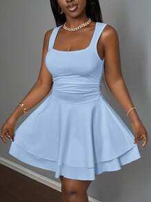Slaydiva Vestido corto de verano para mujer, informal, deportivo, dulce, con cuello cuadrado, fruncido, de doble capa acampanado