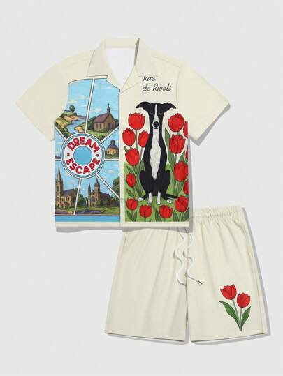 Street Life 2pcs Men Summer Vacation Floral Print Short Sleeve Shirt And Shorts Set