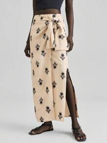 Ontre 女装四季热卖植物满印花开衩时尚打结裙 黑色刺绣图案 波西米亚风情 燕麦色宽松舒适裹身裙 派对装 度假装 海岛度假 海岛音乐节 - 淺灰色 - 查看 7