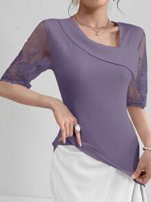 Modelyn Ladies' Asymmetric Neckline Contrast Mesh Summer T-Shirt Graphic Tees Women Tops - Purple - View 8
