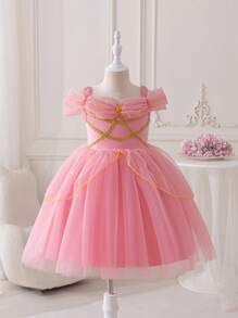 SHEIN Glamorique Kids 小女孩公主针织连衣裙，虾粉色，金色丝带，派对礼服，闪光印花，生日派对，婚礼，节日，四季皆宜，日常穿着 - 藕粉色 - 查看 3