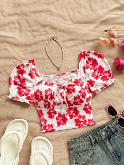 Soleia 女士花卉印花荷叶边甜心领泡泡袖前系带衬衫，适合节日、约会、下午茶、度假、音乐节、波西米亚风格