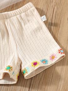 SHEIN Baby Girl Country Style Embroidered Square Collar Ruffle Trim Cap Sleeve Top And Shorts Set - Apricot - View 6