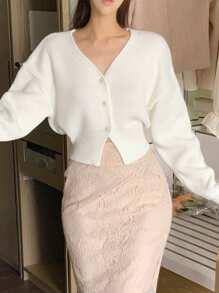 DAZY Áo len cardigan thắt eo màu trơn thường ngày cho nữ, thu/đông, dài tay - trắng - Xem 9