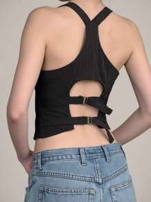 INAWLY 女士条纹无袖短款单排扣上衣，时尚夏季上衣 - 黑色 - 查看 2